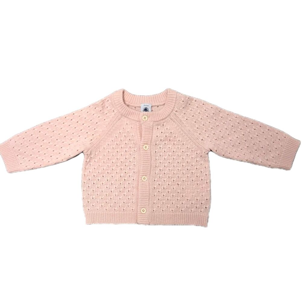 Petit Bateau Pink Open Knit Cardigan Sweater 12 month 74 cm Cotton Wool NWT